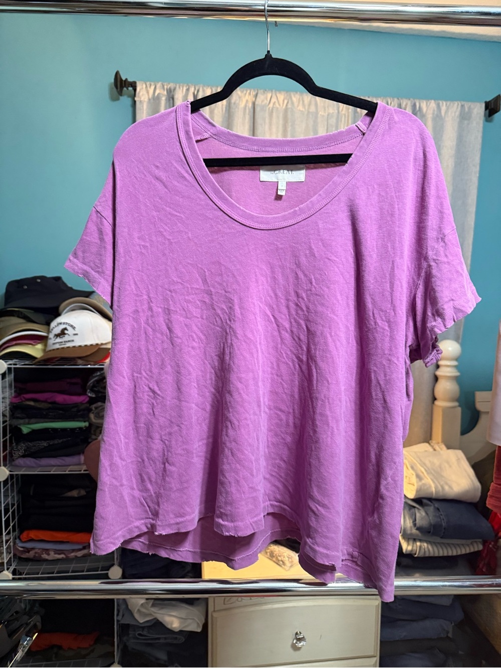 The Great. The Boxy Crew Tee Purple Distressed Raw Hem Cotton